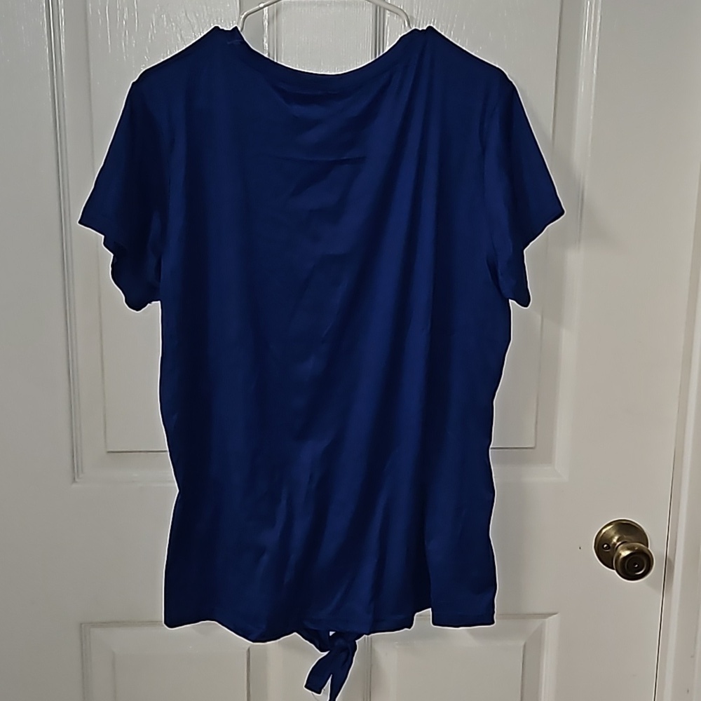 Emme Jordan Womens Plus Royal Blue Leopard Chic Shoes Tie Front Short Sleeve Top - Picture 4 of 12